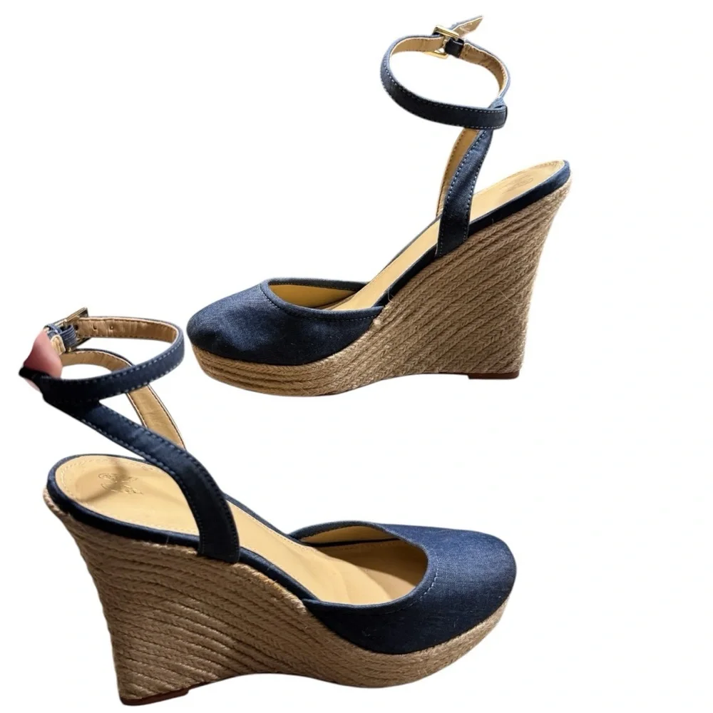 EUC Victoria's Secret ESPADRILLE NAVY CANVAS ANKLE STRAP WEDGE SANDAL …
